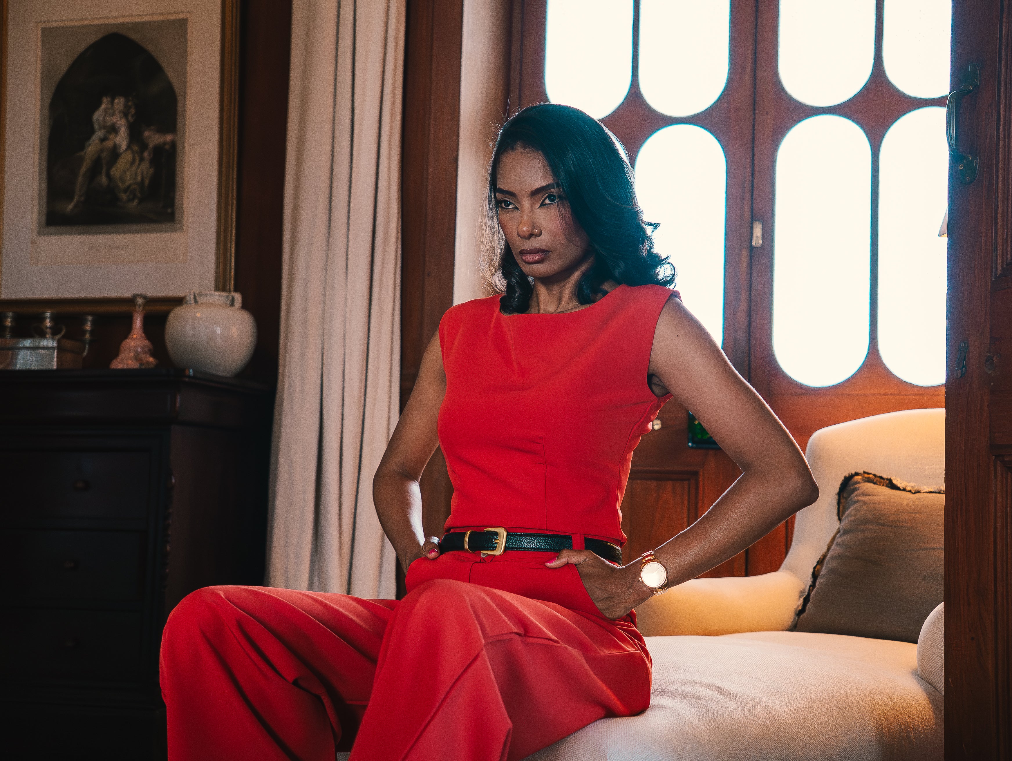 Sleeveless top with tailored trousers